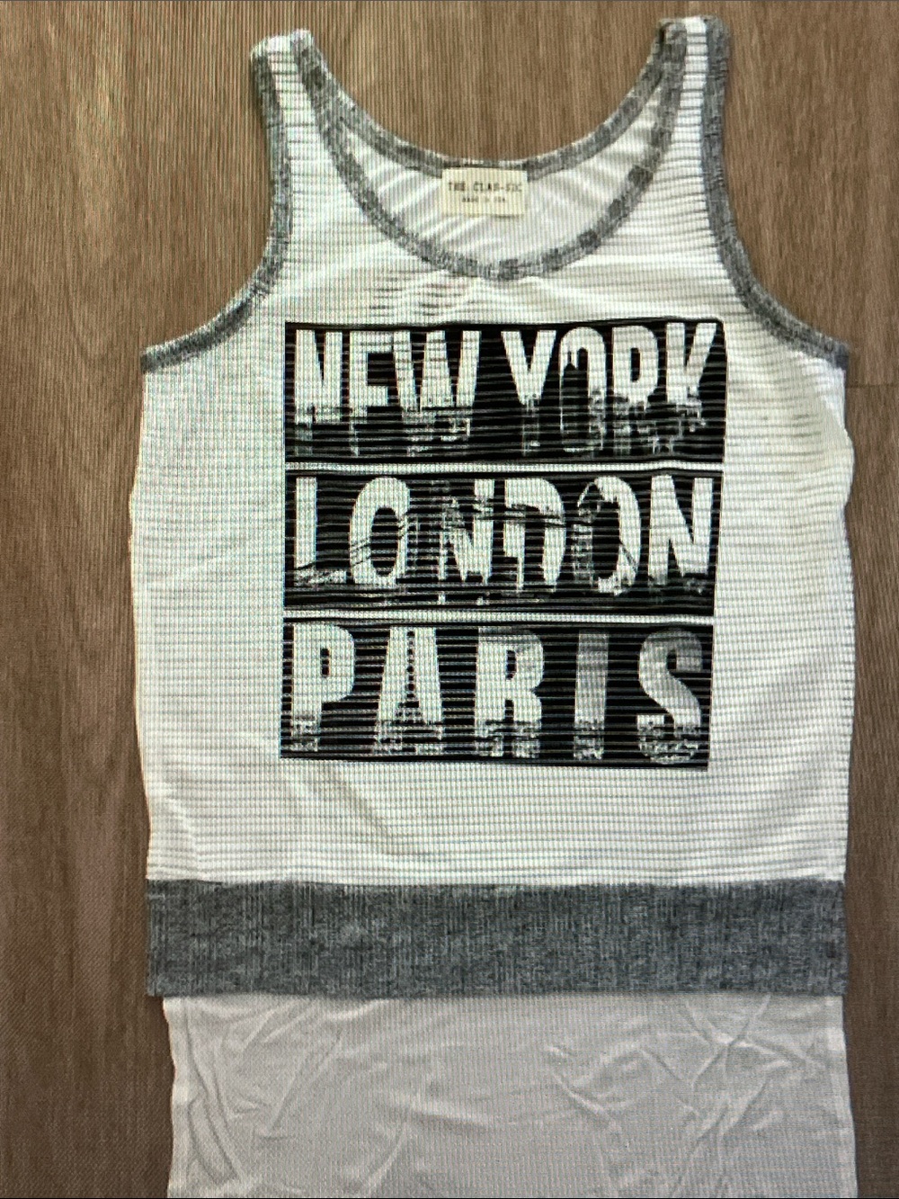 The Classic White and Gray 'New York London Paris' Ribbed Tank Top